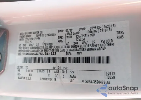 2019 Ford Escape Se from USA, damaged, VIN 1FMCU0GD7KUB64623